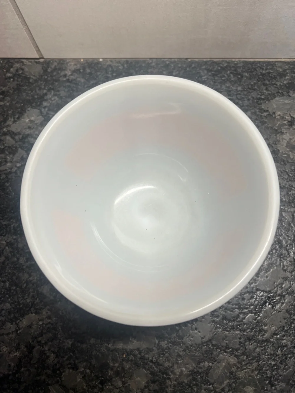 Pyrex White Milk Glass Mixing Bowl with Orange Dot Pattern Great condition.